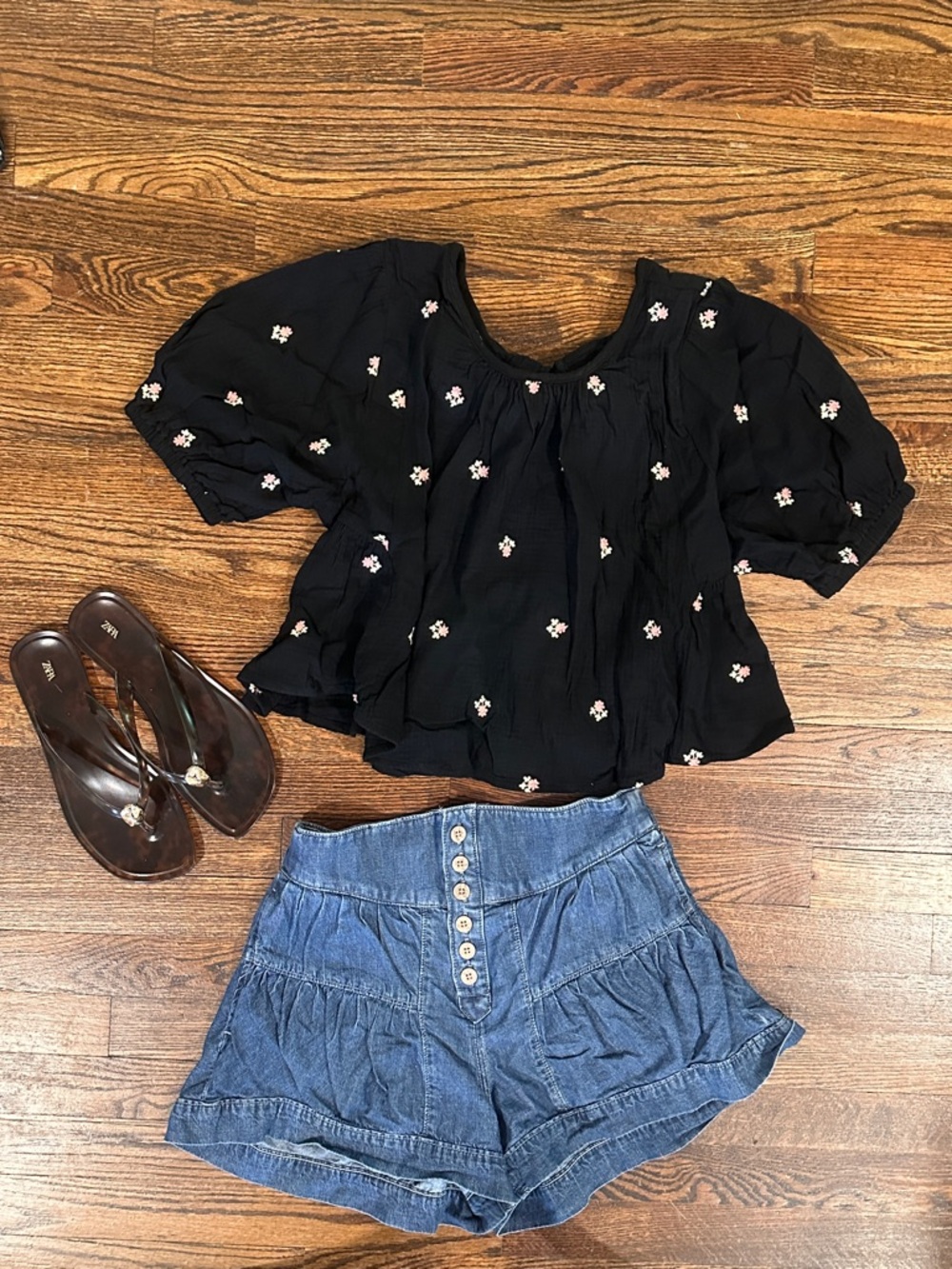 Women’s Black Floral Puff-Sleeve Top with Tie in Back